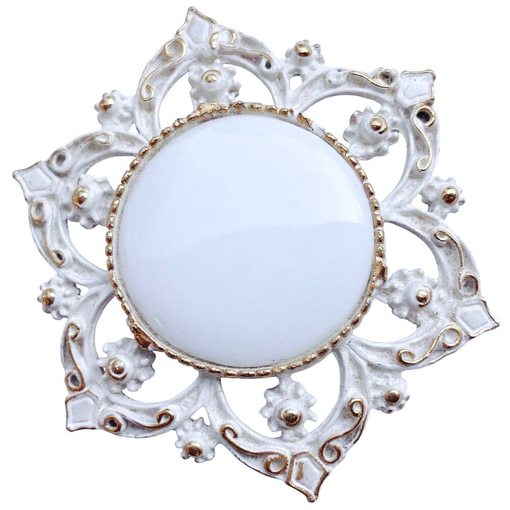 Vintage Mid Century White Milk Glass Enamel Gold Tone Brooch Floral Pin 1960s